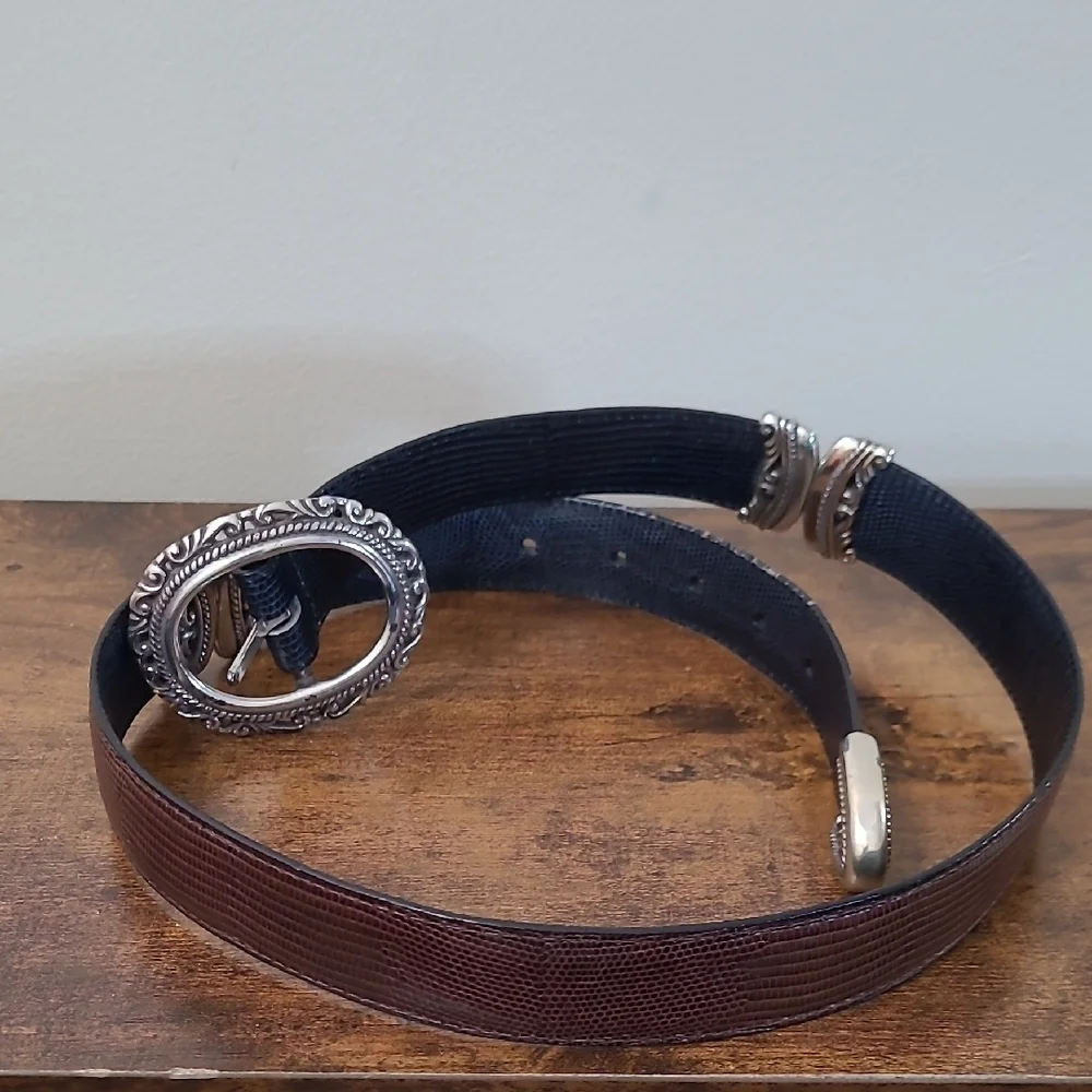 Brighton Brown & Black Reversible Embossed Leather Belt with Silver Buckle (M)